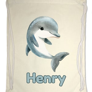 Kids Gym Bag Personalised Any Name Cute Watercolour Dolphin Gym Bag Nursery Swimming PE. Boy Girl,Birthday Christmas. Cotton. Back to School Natural