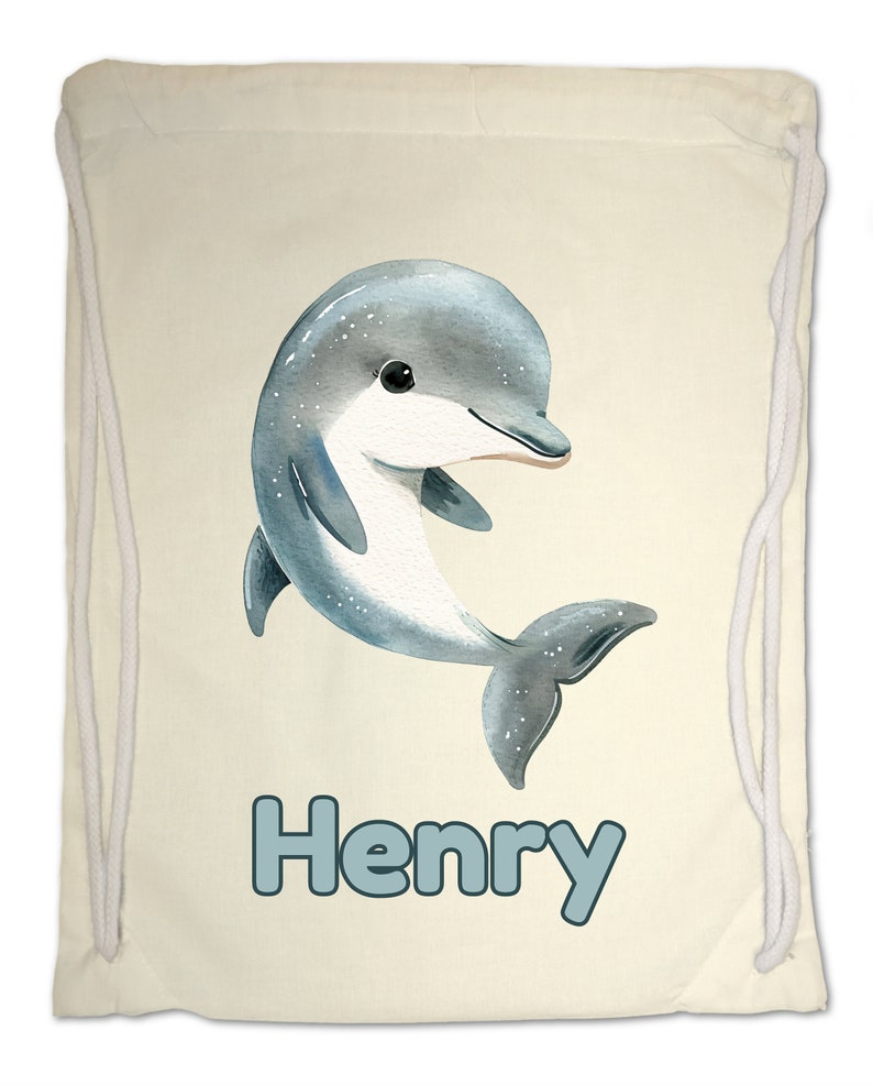Kids Gym Bag Personalised Any Name Cute Watercolour Dolphin Gym Bag Nursery Swimming PE. Boy Girl,Birthday Christmas. Cotton. Back to School Natural
