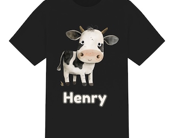 Personalised Cute Watercolour Cow Unisex Kids T-Shirt. Boys Girls. Ages 1 to 12. 6 Colours 100% Cotton. Custom Tee Birthday Christmas Gift