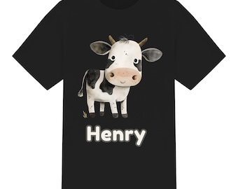 T-shirt enfant unisexe personnalisé mignon vache aquarelle. Garçons Filles. Pour les 1 à 12 ans. 6 couleurs 100 % coton. Cadeau de Noël d'anniversaire en t-shirt personnalisé