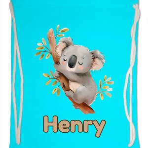 Kids Gym Bag Personalised Any Name Cute Watercolour Koala Gym Bag. Nursery Swimming PE Boy Girl, Birthday Christmas Cotton. Back to School Surf Blue