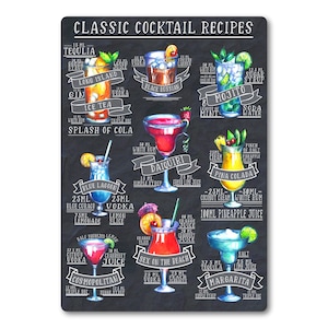 Recettes de cocktail classiques PLAQUE DE SIGNE MÉTALLIQUE. Cuisine Home Bar Pub Restaurant. Gin Vodka Rhum Tequila Margarita Mojito Cosmopolite Pina Colada