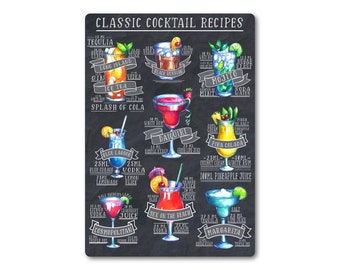 Recettes de cocktail classiques PLAQUE DE SIGNE MÉTALLIQUE. Cuisine Home Bar Pub Restaurant. Gin Vodka Rhum Tequila Margarita Mojito Cosmopolite Pina Colada