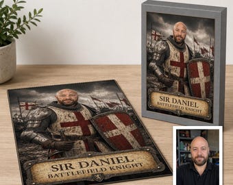 Personalised Medieval Knight Jigsaw From Photo, Custom Text English Battlefield Puzzle Gift With Box For Him, Historic Keepsake