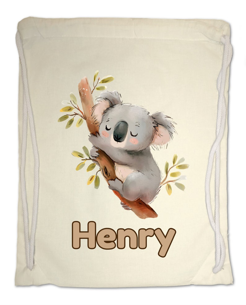 Kids Gym Bag Personalised Any Name Cute Watercolour Koala Gym Bag. Nursery Swimming PE Boy Girl, Birthday Christmas Cotton. Back to School Natural