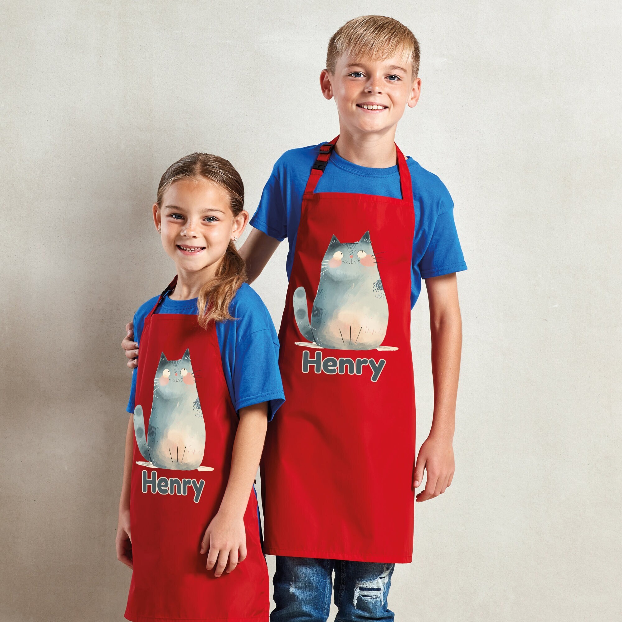 Personalised Any Name Cat Waterproof Kids Apron. Craft, Bake, Cook. Boys, Girls. Custom Bib Infant and Junior Sizes. 8 Colours. Watercolour