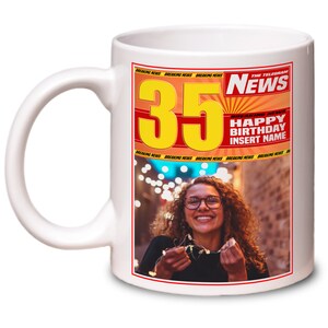 Personalised Any Name and Photo Birthday Mug. Newspaper Headline Breaking News.  Gift for Her. Mum Sister Daughter Coffee Cup Tea Funny
