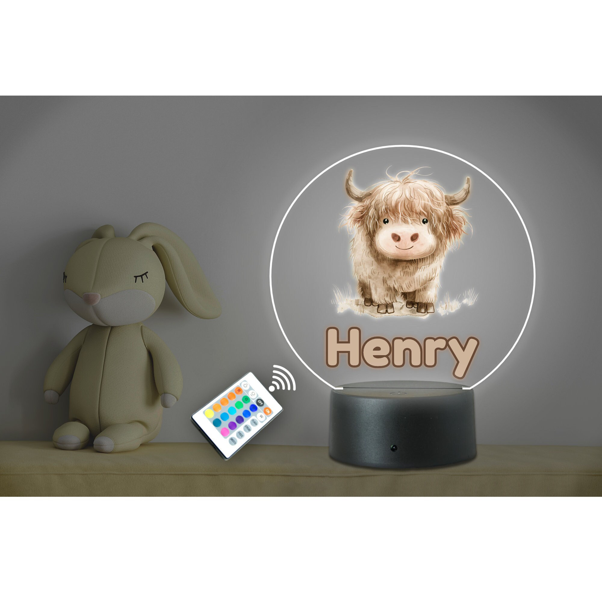 Rgb Cow Personalised Any Name Kids Highland Cow RGB LED Night Light. Usb ...