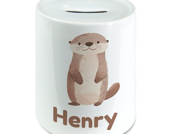 Personalised Watercolour Cute Otter Kids Money Box Piggy Bank, Savings Jar for Kids Coins Bank Cash Box Ceramic Boys & Girls Nursery