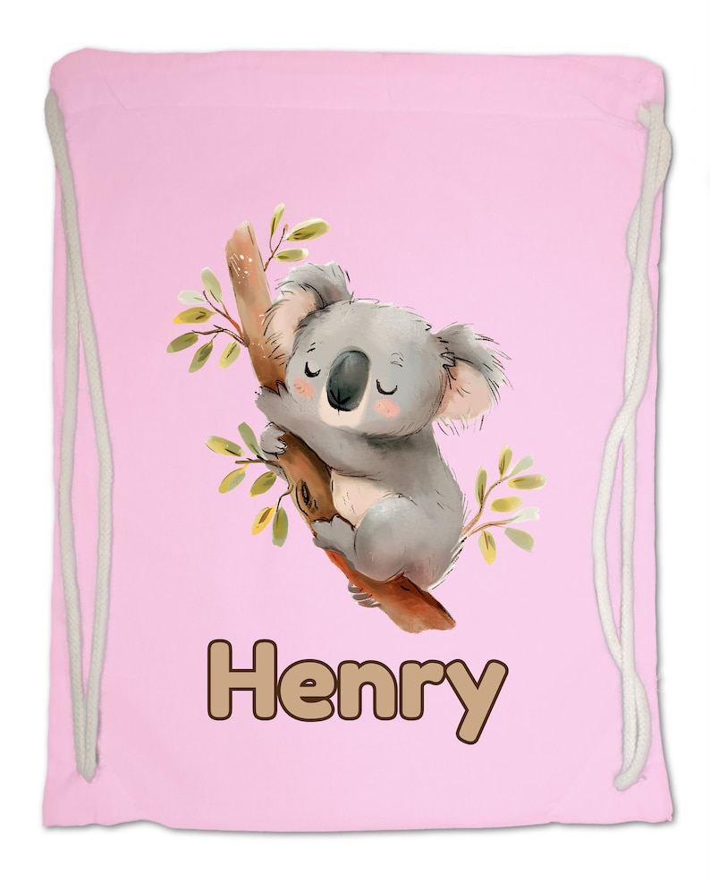 Kids Gym Bag Personalised Any Name Cute Watercolour Koala Gym Bag. Nursery Swimming PE Boy Girl, Birthday Christmas Cotton. Back to School Classic Pink