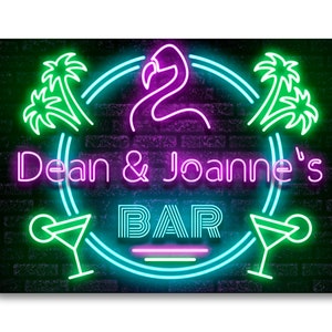 Personalised Bar Sign METAL Plaque Eighties 80s Neon Cocktail Nightclub Style. Home Pub Shed Man Cave. Screw Holes, Sticky Pads or Twine. 4 Corner Holes