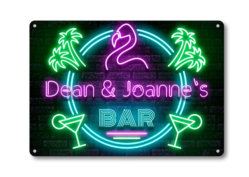 Personalised Bar Sign METAL Plaque Eighties 80s Neon Cocktail Nightclub Style. Home Pub Shed Man Cave. Screw Holes, Sticky Pads or Twine. 4 Corner Holes