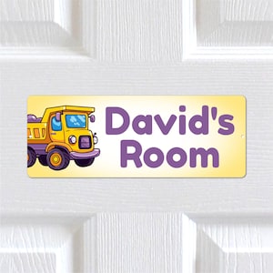 Personalised Any Name, Any Text METAL Cute Dump Truck Door Sign Plaque. Home Decor. Indoor/Outdoor use. Kids Bedroom, Nursery. Boys, Girls.