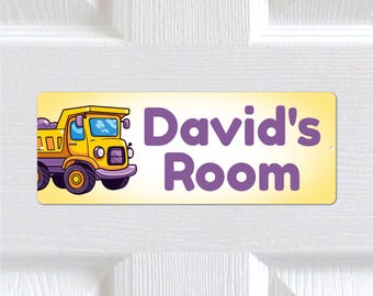 Personalised Any Name, Any Text METAL Cute Dump Truck Door Sign Plaque. Home Decor. Indoor/Outdoor use. Kids Bedroom, Nursery. Boys, Girls.