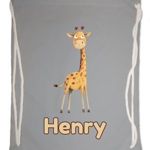 Kids Gym Bag Personalised Any Name Cute Watercolour Giraffe Gym Bag. Nursery Swimming PE Boy Girl, Birthday Christmas Cotton. Back to School Graphite Grey