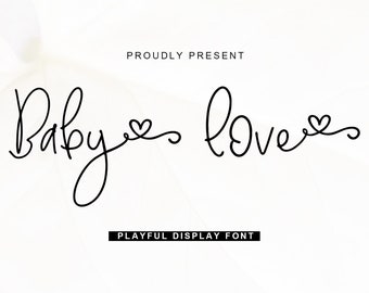 Baby Love Tails Font, Beautiful Font with Heart Between, Wedding Font, Ending Heart Tails, Fancy Font, Cursive Font, Heart Connecting Font