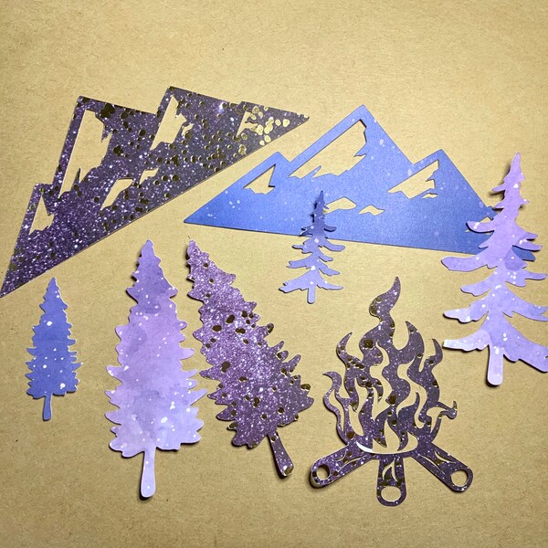 Forest Camping Paper Scrapbook Shapes 35 pieces. Trees, campfire, mountain