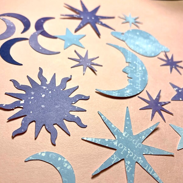 Celestial Paper Scrapbook Shapes -  60 piece: paper star, moon and sun shapes. Celestial print card stock. Space, stars, constellations.