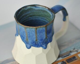 Taza de cerámica hecha a mano, taza de café de gres blanco con esmalte azul, regalos únicos de cerámica