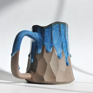 14 oz / 22 oz Handmade Ceramic Mug with Blue Glaze Drips, Large Beer Mug, Stoneware Coffee and Tea Mug, Blue Pottery Mug with Handle