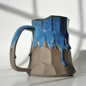 Handmade Ceramic Mug with Drippy Blue Glaze, Large Beer Mug, Pottery Coffee Mug