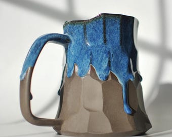 Taza de cerámica hecha a mano con esmalte azul, jarra grande para cerveza, taza de café de cerámica