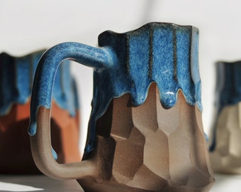 14 oz Handmade Ceramic Mugs with Blue Drip Glaze, Large Stoneware Coffee Mugs, Beer Mugs, Blue Pottery Mugs, Unique Gifts for Him