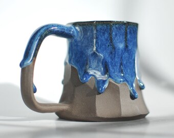 Tazas de café de cerámica hechas a mano: Juego de tazas de gres esmaltado con efecto goteo azul