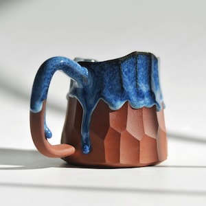 10 oz Handmade Ceramic Mug with Blue Drips, Pottery Coffee Mug with Handle, Red Stoneware Mug, Best Friend Gift, Coffee Lover Gift