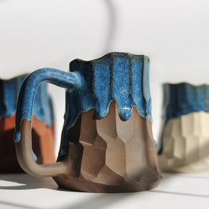 14 oz Handmade Ceramic Mugs with Blue Drip Glaze, Large Stoneware Coffee Mugs, Beer Mugs, Blue Pottery Mugs, Unique Gifts for Him