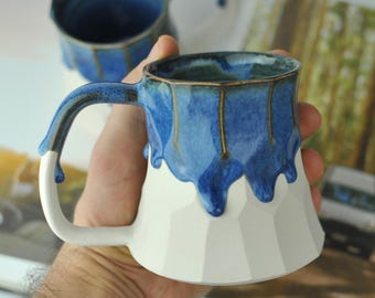 Tazas de cerámica blanca con esmalte azul, tazas de café de cerámica hechas a mano, 10 oz