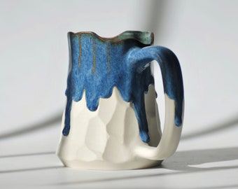 White Stoneware Pottery Mug with Blue Drip Glaze, Handmade Ceramic Mug with Handle, Large Coffee/Beer Mug, 14 oz / 20 oz Modern Coffee Mug