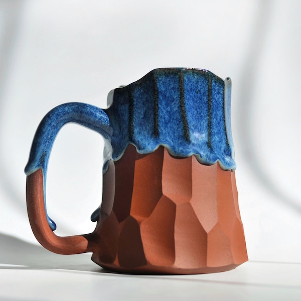 14 oz / 22 oz Handmade Ceramic Mug, Red Stoneware Mug with Blue Drips, Large Coffee Mug with Handle, Natural Pottery Mug, Gift for Him Mug