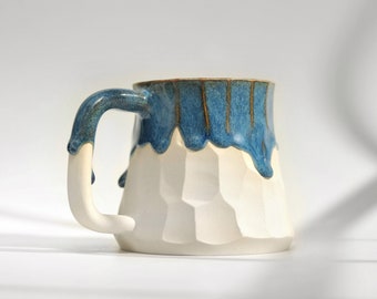 10 oz Handmade Ceramic Mug with Blue Glaze Drips, White Stoneware Coffee Mug, Unique Pottery Mugs, Coffee Lover Gift, Gifts for Mom