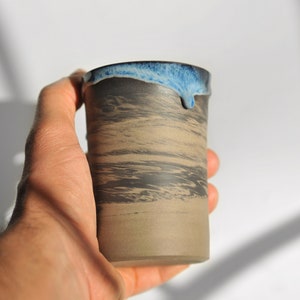 7 oz Handmade Ceramic Cup with Blue Glaze Drips, Marbled Stoneware Coffee Tumbler, Coffee Lovers Gift image 1