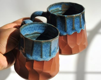 Handmade Stoneware Ceramic Coffee Mug Set: Blue Drip Glaze Pottery Mugs