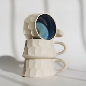2 oz Espresso Cup Set with Handle, White Ceramic Coffee Cups with Blue Interior, Handmade Ceramic Mug Set, Unique Christmas Gifts