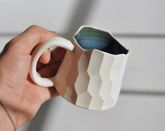 10 oz Handmade Ceramic Mugs with Blue Interior, White/Red/Grey Stoneware Coffee Mugs, Pottery Mug Set, Unique Gifts for Mom