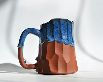 Handmade Ceramic Mug with Blue Glaze, Red Stoneware Mug with Blue Drips, Large Coffee Mug with Handle, Natural Pottery Mug, Gift for Him Mug
