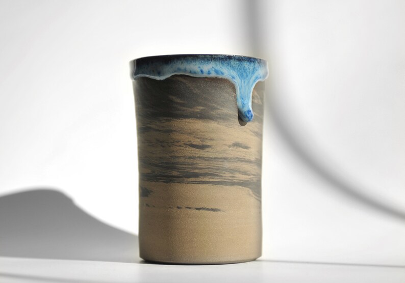 7 oz Handmade Ceramic Cup with Blue Glaze Drips, Marbled Stoneware Coffee Tumbler, Coffee Lovers Gift image 2