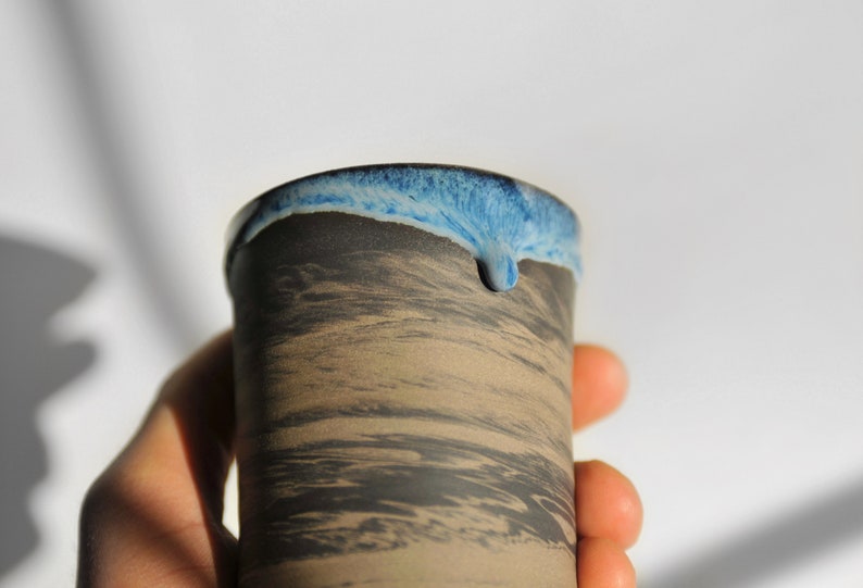 7 oz Handmade Ceramic Cup with Blue Glaze Drips, Marbled Stoneware Coffee Tumbler, Coffee Lovers Gift image 7