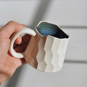 Set of 2 Handmade Ceramic Mugs with Blue Interior, 10 oz Stoneware Coffee Mugs with Handle, Raw Clay Pottery Mugs, Coffee Lover Gift