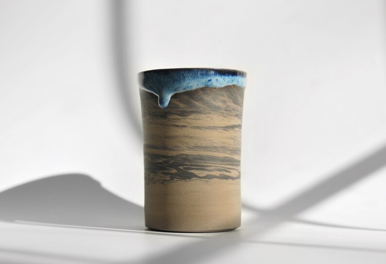 7 oz Handmade Ceramic Cup with Blue Glaze Drips, Marbled Stoneware Coffee Tumbler, Coffee Lovers Gift image 4