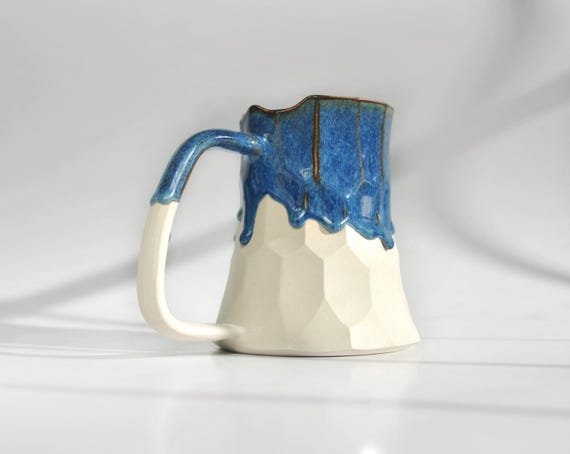 White Stoneware Pottery Mug with Blue Drip Glaze, Handmade Ceramic Mug with Handle, Large Coffee/Beer Mug, 14 oz / 20 oz Modern Coffee Mug