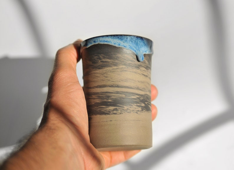 7 oz Handmade Ceramic Cup with Blue Glaze Drips, Marbled Stoneware Coffee Tumbler, Coffee Lovers Gift image 1