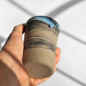 7 oz Handmade Ceramic Cup with Blue Glaze Drips, Marbled Stoneware Coffee Tumbler, Coffee Lovers Gift image 3