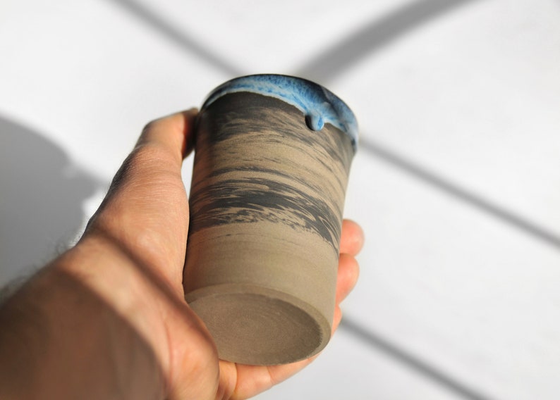 7 oz Handmade Ceramic Cup with Blue Glaze Drips, Marbled Stoneware Coffee Tumbler, Coffee Lovers Gift image 3
