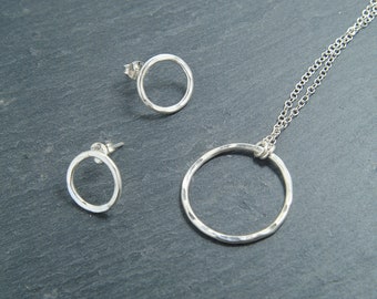 Circle geometric earrings and necklace set silver minimal