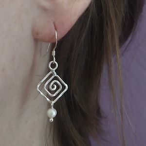 Greek key earrings,Sterling silver,Handmade,Hammered,Pearl earrings,Gift for woman,Greek style jewelry