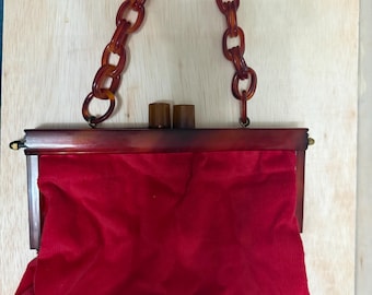 Bolso vintage de terciopelo rojo con asas / 1940-1960 / Baquelita o Lucita / Bolso de noche